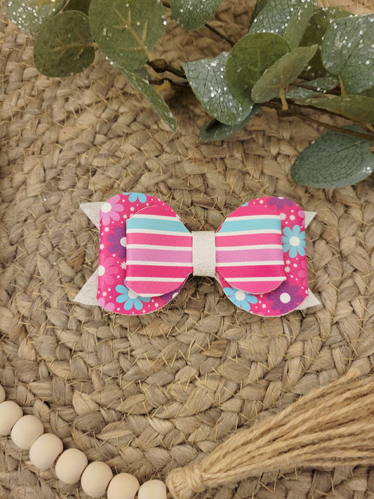 Stripes/Flower Faux Leather Hairbow